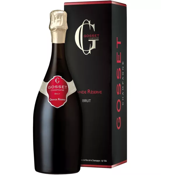 Bouteille de Champagne Gosset Grande Réserve Brut, vue de face, étiquette rouge distinctive