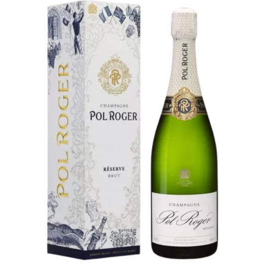 Bouteille de Champagne Pol Roger Réserve Brut Magnum 1,5L, étiquette blanche et capsule dorée, vue de face