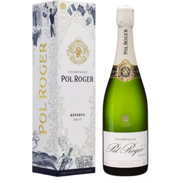 Bouteille de Champagne Pol Roger Réserve Brut Magnum 1,5L, étiquette blanche et capsule dorée, vue de face