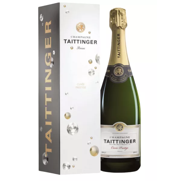 Bouteille de Champagne Taittinger Brut Prestige Magnum 1,5L avec étiquette blanche et dorée, vue de face