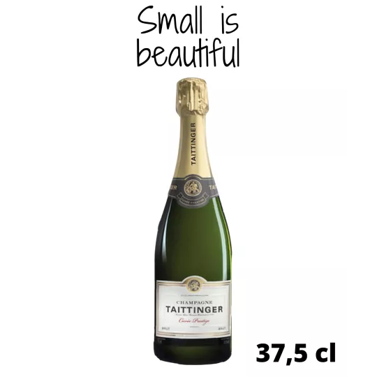 demi-bouteille de champagne taittinger brut prestige sur fond blanc, vue de face