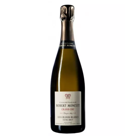 Bouteille de Champagne Robert Moncuit Blanc De Blancs avec des verres.