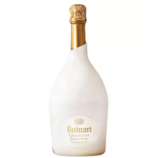 Bouteille de Champagne Ruinart Blanc de Blancs avec étui Seconde Peau blanc, vue de face