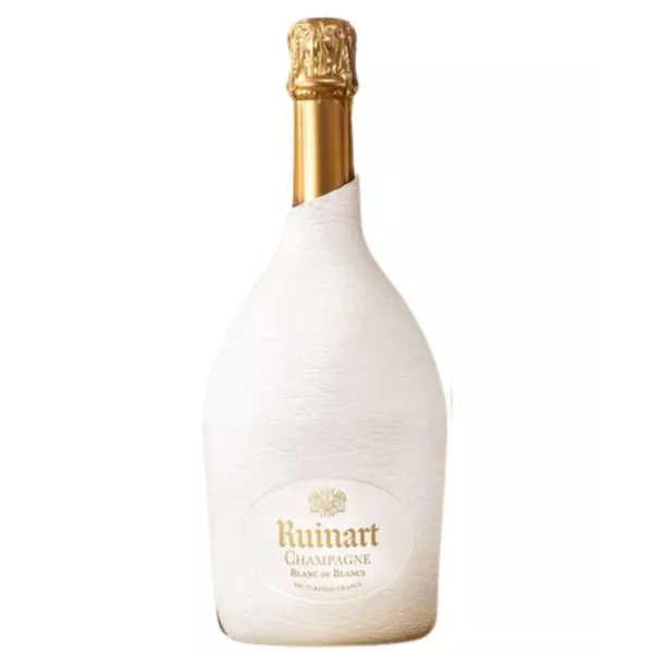 Bouteille de Champagne Ruinart Blanc de Blancs avec étui Seconde Peau blanc, vue de face