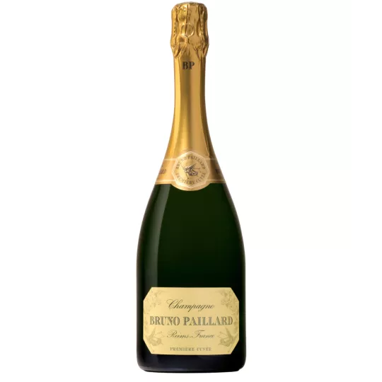 Bouteille de Champagne Bruno Paillard Brut Première Cuvée, vue de face, étiquette dorée