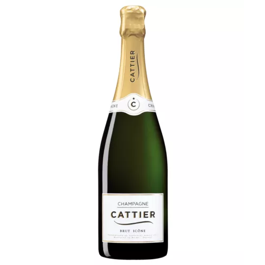 Champagne Cattier Brut Icône Tradition - Bouteille élégante aux bulles scintillantes.