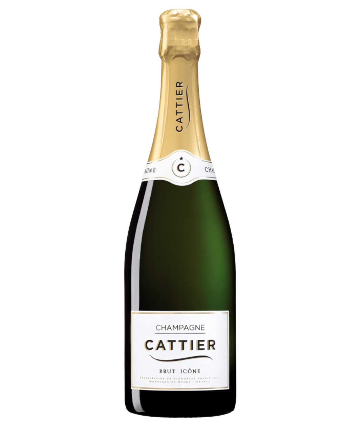 Champagne Cattier Brut Icône Tradition - Bouteille élégante aux bulles scintillantes.