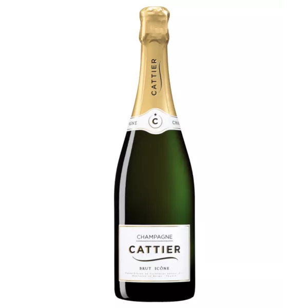 Champagne Cattier Brut Icône Tradition - Bouteille élégante aux bulles scintillantes.