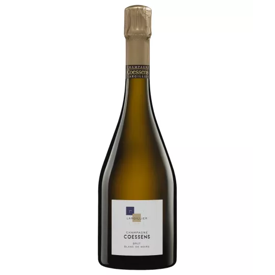 Bouteille de Champagne Coessens Brut Blanc de Noirs, vue de face, étiquette blanche, capsule dorée