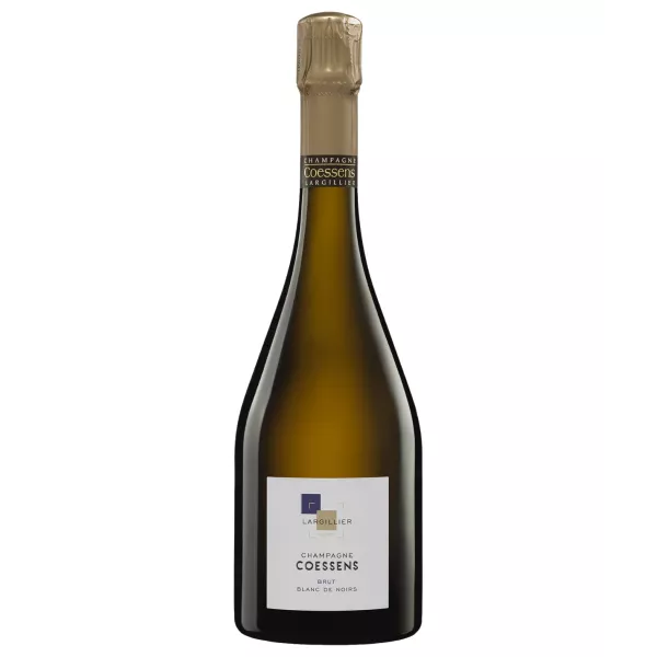Bouteille de Champagne Coessens Brut Blanc de Noirs, vue de face, étiquette blanche, capsule dorée