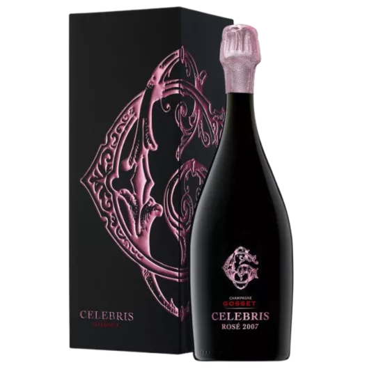 Bouteille de Champagne Gosset Célébris Rosé Extra-Brut 2008, vue de face, étiquette noire et rose