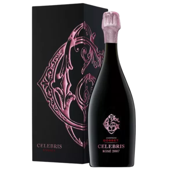 Bouteille de Champagne Gosset Célébris Rosé Extra-Brut 2008, vue de face, étiquette noire et rose